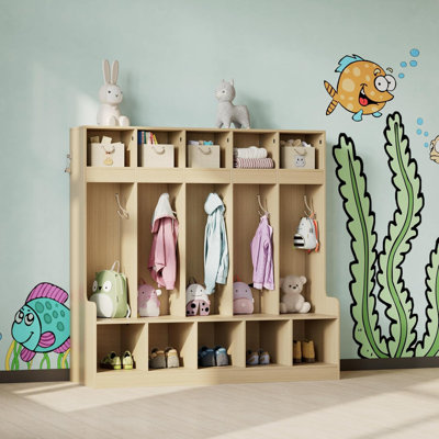 5-Section Kids Cubby Storage Organizer with 5 Hooks, Wooden Preschool Coat Locker for Backpacks Jackets Shoes, Freestanding Cabinet
