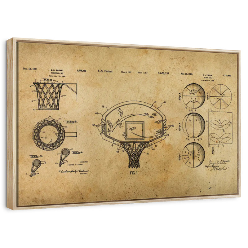 Basketball Patent Compilation, Floating Frame Natural Wood, 31" X 21"