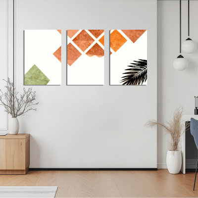 Geometric Watercolor and Palm Leaf Canvas Wrapped Wall Art, Abstract Modern Print (Set of 3)