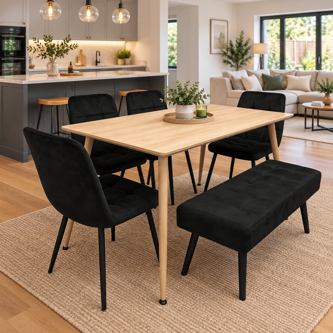Wooden Dining Table Set with 4 Velvet Dining Chair And 1 Velvet Bench
