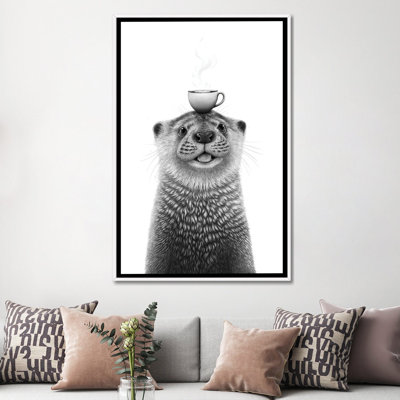 Loutre avec café - reproduction d'art murale - toile encadrée