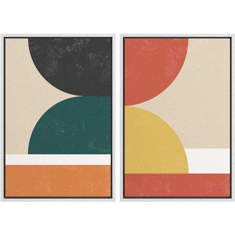 " Geometric Colorful Block Abstract Shapes Modern " 2 - Pieces, White Floater Framed, 36" H x 48" W x 1.5" D