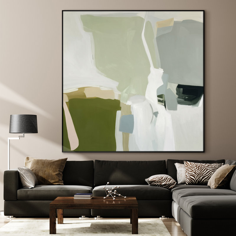 Très grand imprimé géométrique abstrait mural - formes vertes et neutres, décor moderne pour le salon ou la chambre à coucher, assemblage requis (assemblage requis)
