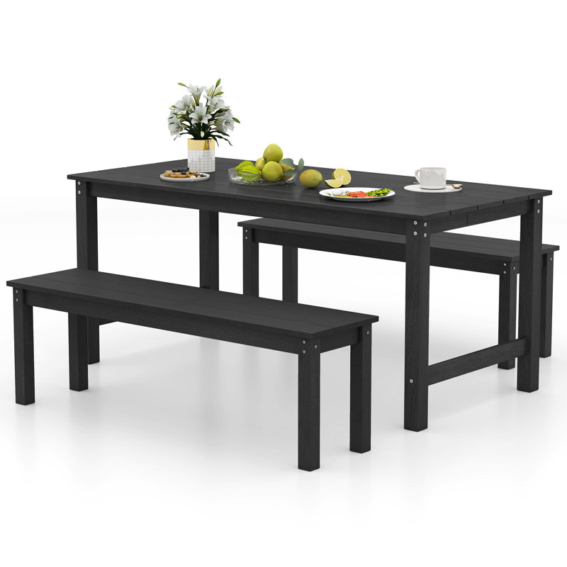 3PCS Dining Table Set w/ 2 BenchesPatio HDPE Weather Resistant Furniture Set Black, Black