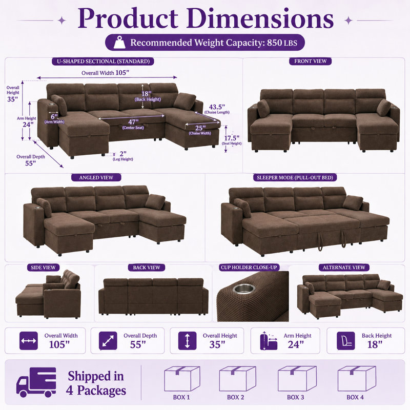 Canapé-lit modulaire en U convertible Velnorise avec chaises de rangement doubles, plateforme-lit escamotable, porte-gobelets intégrés en acier inoxydable, 2 coussins lombaires, coussins de dossier