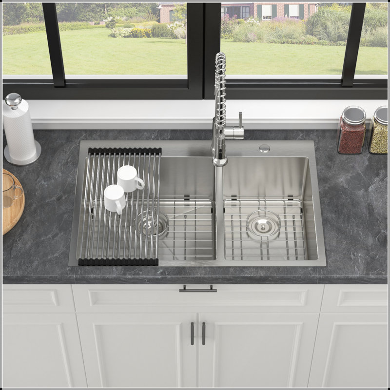 Évier double encastrable 60/40 à double cuve, 33 x 22 x 10 po, acier inoxydable de calibre 16 avec cuves profondes pour une utilisation efficace dans la cuisine