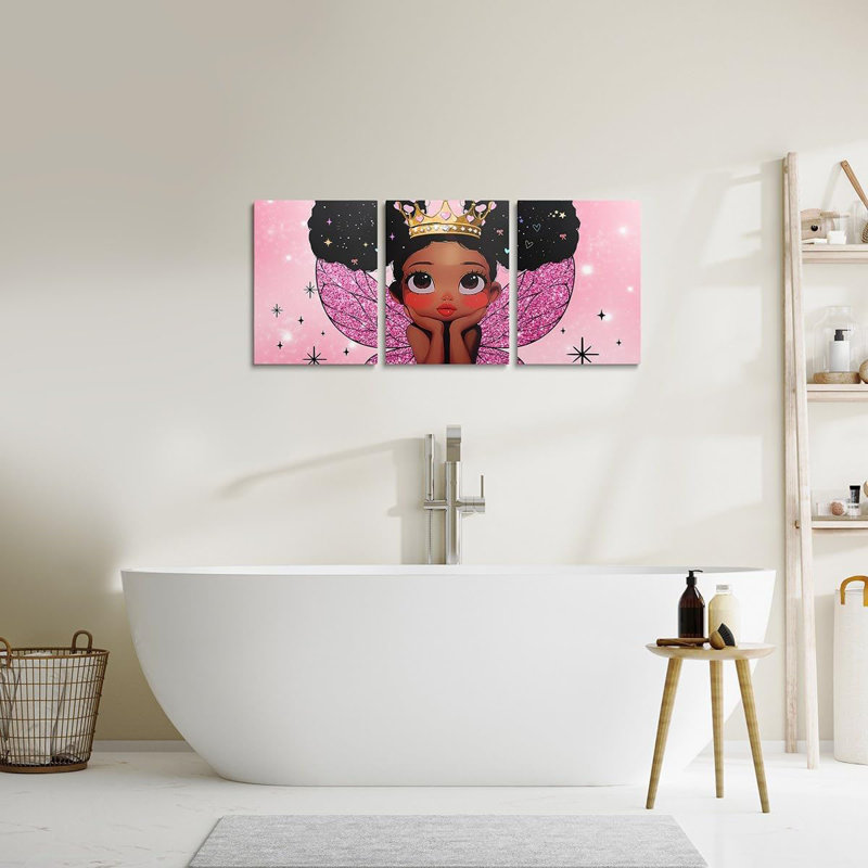 Cute Black Girl Canvas Wall Art for Living Room Bedroom 12" x 16" 3 Piece Fairy Wings Princess Theme Picture for Home Decor Bathroom African American Painting