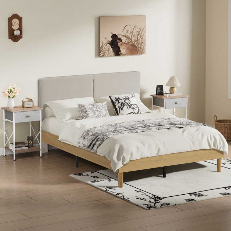 3-Piece Modern Bedroom Set With Upholstered Platform Bed & 2 Industrial Nightstands Space-Saving Furniture Bundle For Apartments & Small Rooms