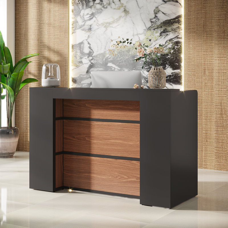 Kyeron 63'' Reception Desk with Led Lights Sturdy Base, Black/Walnut