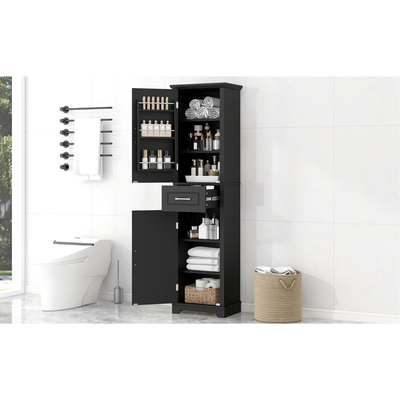 Tall Bathroom Storage Cabinet, Freestanding Storage Cabinet With Two Doors And Adjustable Shelves, Door Shelve Design, MDF Board With Painted Finish, Black