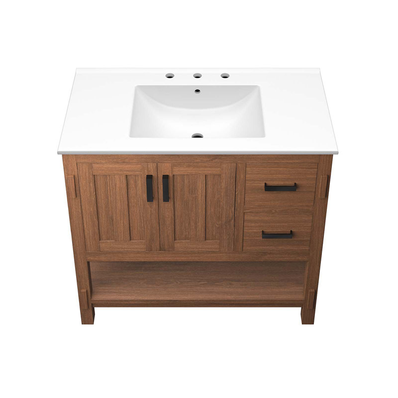 Ashlyn 36" Walnut White Wood Bathroom Vanity with Ceramic Top