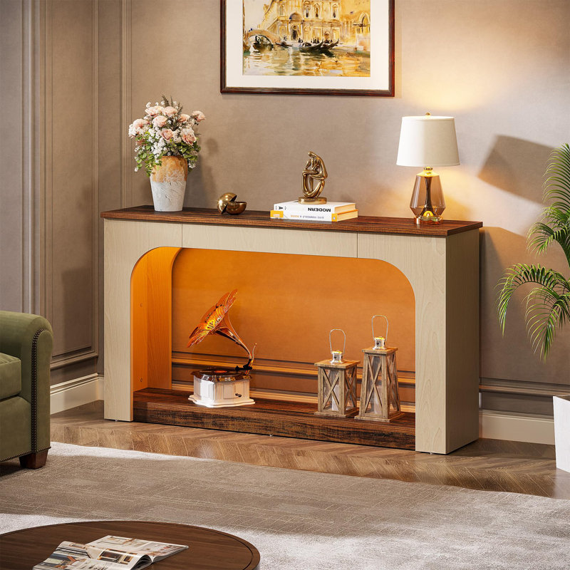 Console Farmhouse Led, table d'entrée de vestibule en bois, canapé rétro long et étroit derrière le canapé, Blanc