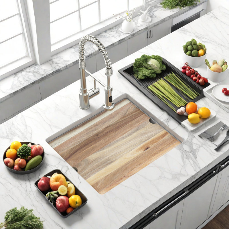 Évier de bar encastré en quartz blanc de 53 cm (21 po), cuve unique en composite de granit avec planche à découper, égouttoir enroulable, panier-filtre et grille de fond, profondeur de 23 cm (9 po), idéal pour bar, îlot et meuble de 61 cm (24 po).