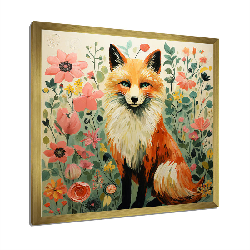 Minimalisme, renard, portrait, fleurs III - Renard, art mural, Encadrement doré, H 16 po x l 16 po x P 1 po