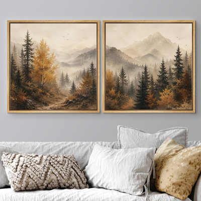 Misty Mountain Pine Forest with Warm Autumn Trees and Rustic Nature, ensemble de 2 reproductions d'art encadrées