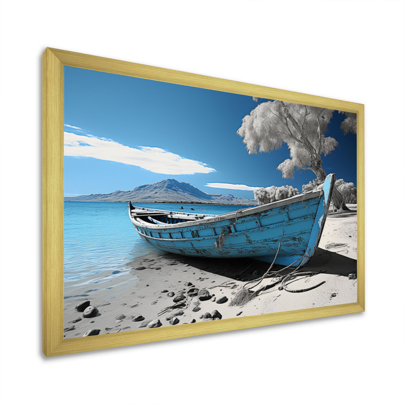 Hawaï, plage monochrome bleue - reproduction sur toile, Encadrement doré, H 34 po x l 44 po x P 1,5 po