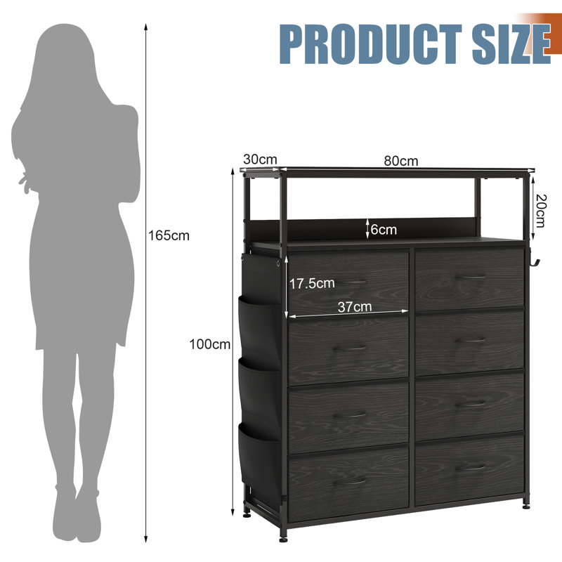 80 cm W Chest of 8 Drawers, Black