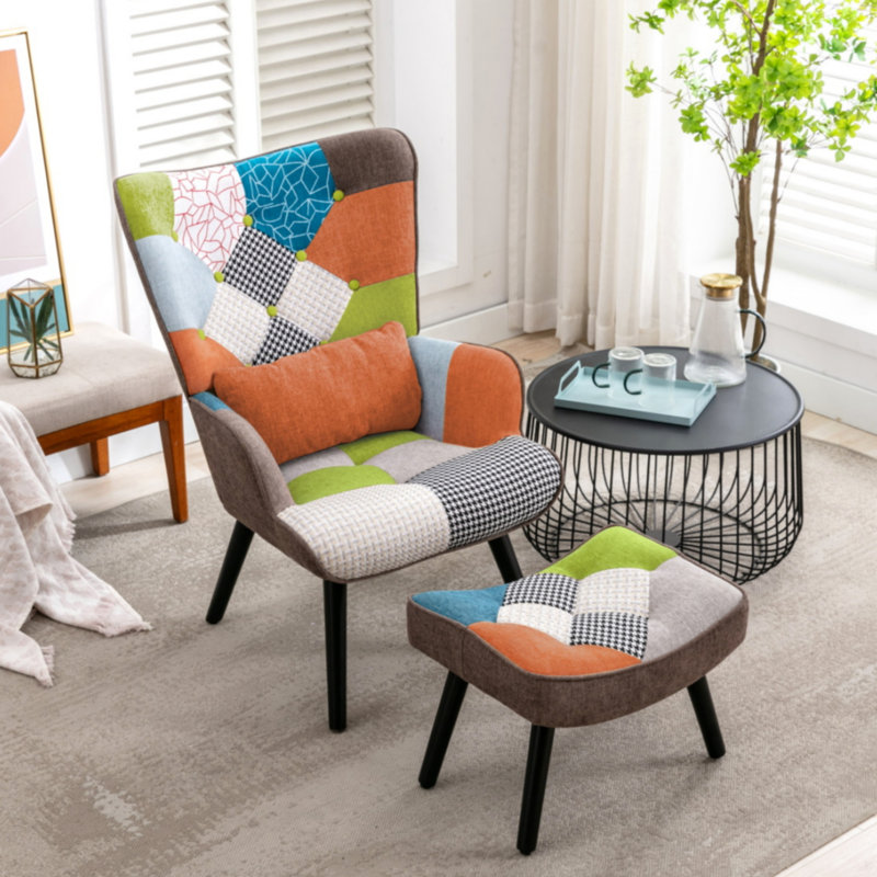 Kade Upholstered Linen Armchair With Footstool, Orange Multicolour
