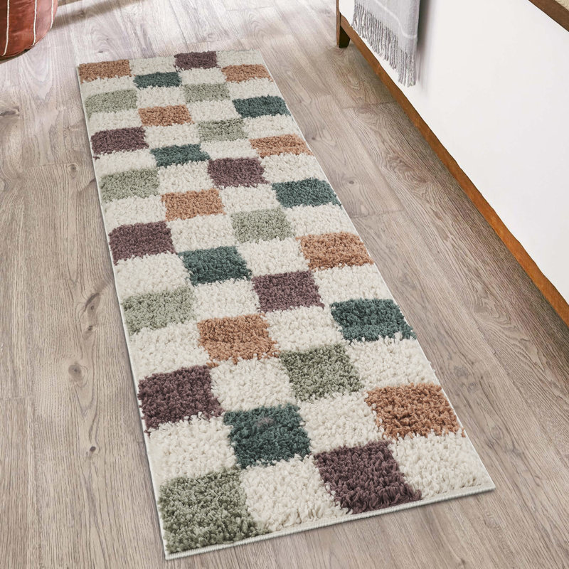 Chester Living Room Shaggy Area Rug Modern - Contemporary Checkered Design 30Mm Plush Pile Jute Backing Soft Woven Carpet -Hallway Indoor Rug, Multi