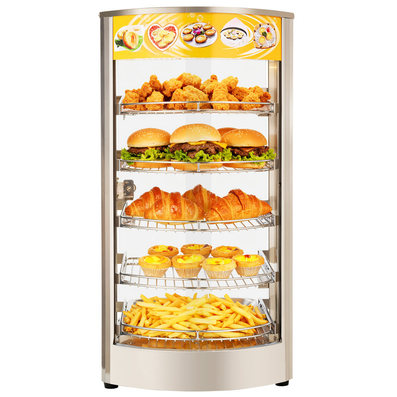 Réchaud commercial à 5 niveaux, chauffe-plat 800 W avec lumière DEL, tablette réglable et cadre en acier inoxydable, chauffage à air chaud 86 185 185 ℉, 60 L pour hamburger, pizza, pain, poulet frit