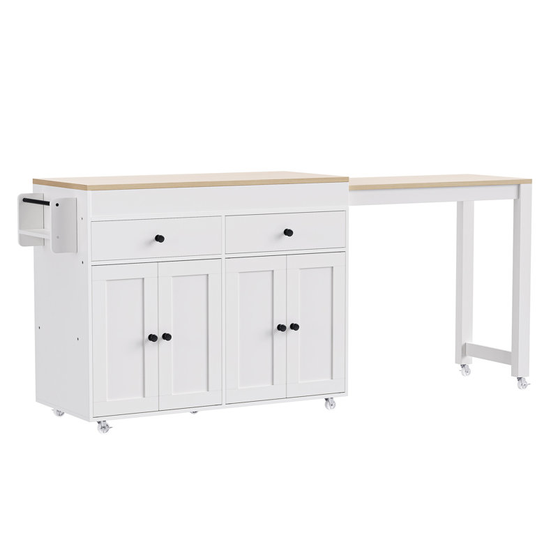 Îlot de cuisine 74,5 pouces avec table de salle à manger extensible, Blanc cassé