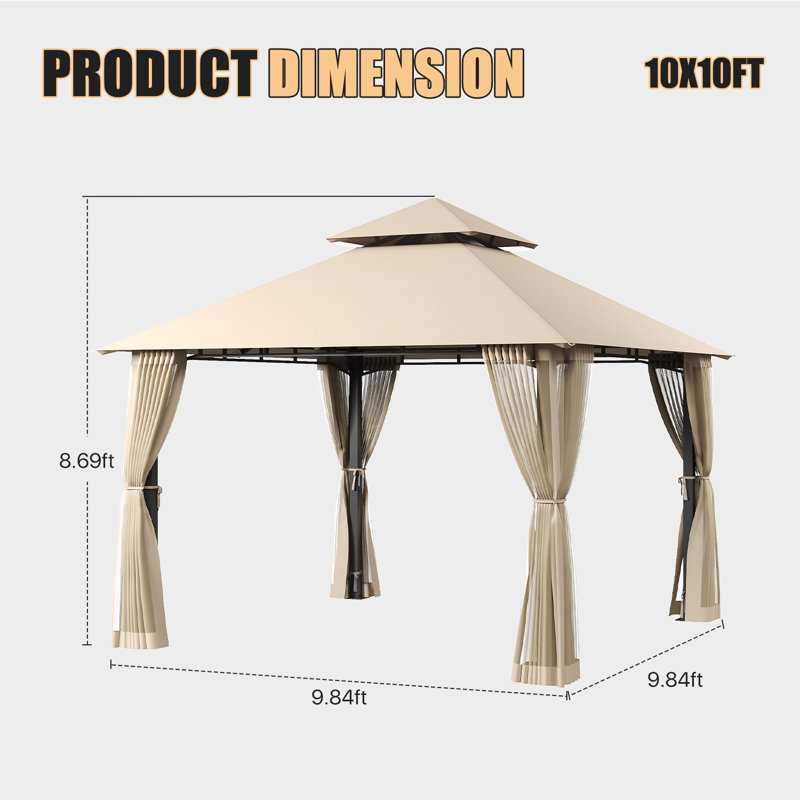 10' x 10' Heavy Duty Patio Gazebo with Extended Eaves - Stable Frame Double Roof Pavilion with Netting and Built-In Drainage
