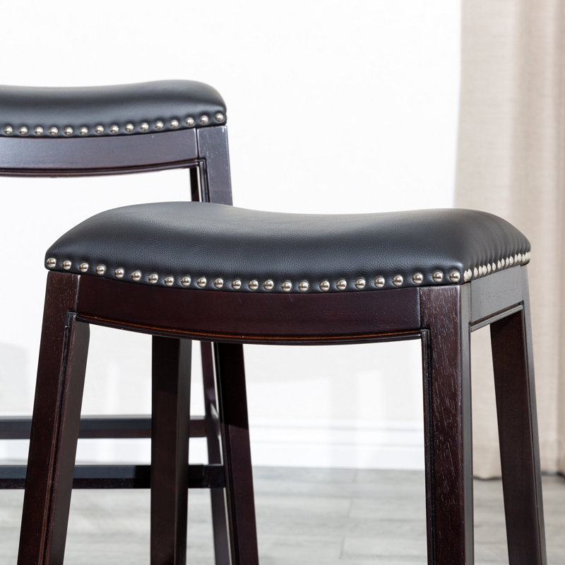 Tabouret de comptoir 24 po, finition espresso, siège en cuir noir, Siège noir / structure espresso
