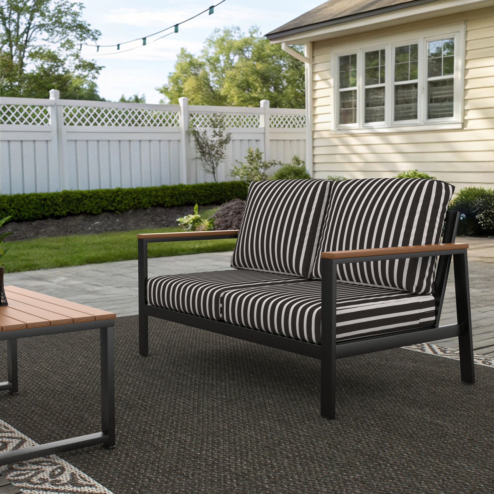 Townsend Loveseat with Sunbrella Cushion, Sunbrella Shore Classic, Brown