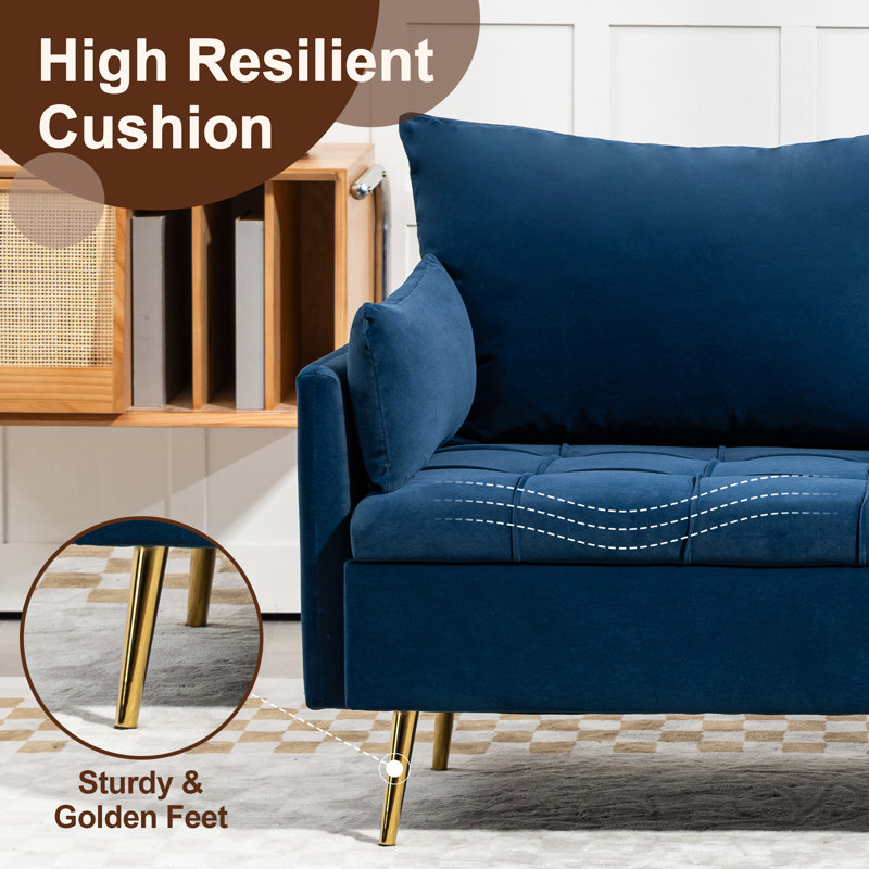 60'' Velvet Arms Tufted Loveseat Sofa Couch with Storage,USB & Type C for Living Room, Blue Velvet