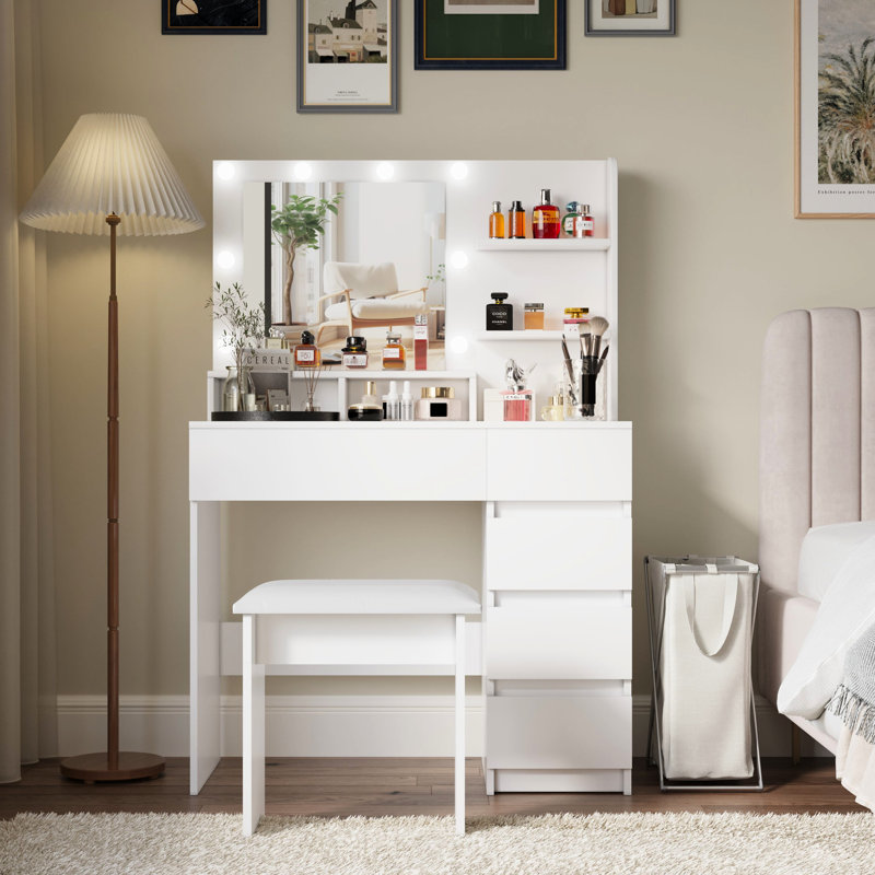 Arista Vanity Table With Mirror & , 3 Lighting Demonstrations, 4 Drawers, Generous Storage Space, White Modern Makeup Charging Station, 2 Ports, Desk