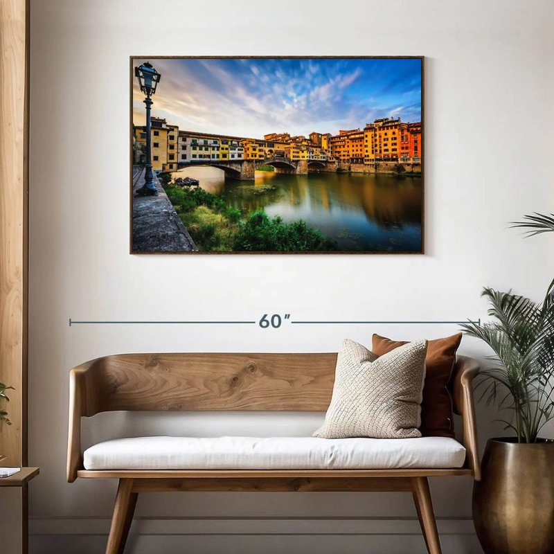 Ponte Vecchio, paysage fluvial, 43 po x 29 po, Cadre flottant en noyer