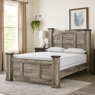 Elaya Panel Bed, Arched Crown Headboard, Weathered Gray Wood