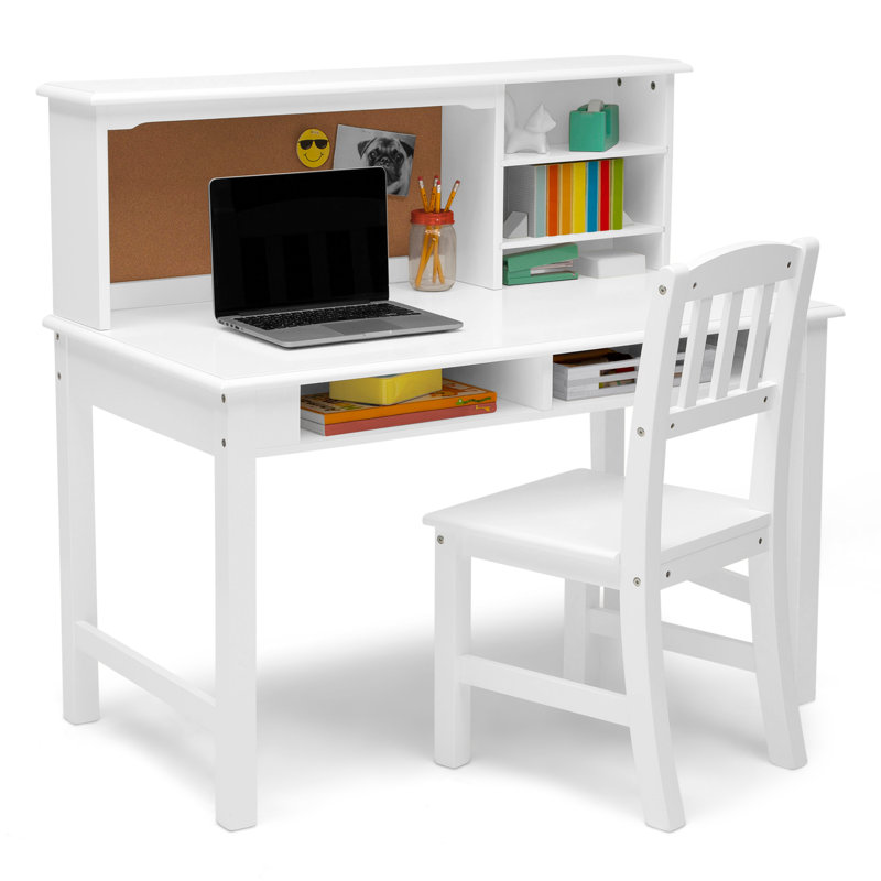 Bianca White Wood Kids' Writing Desk with Hutch and Chair