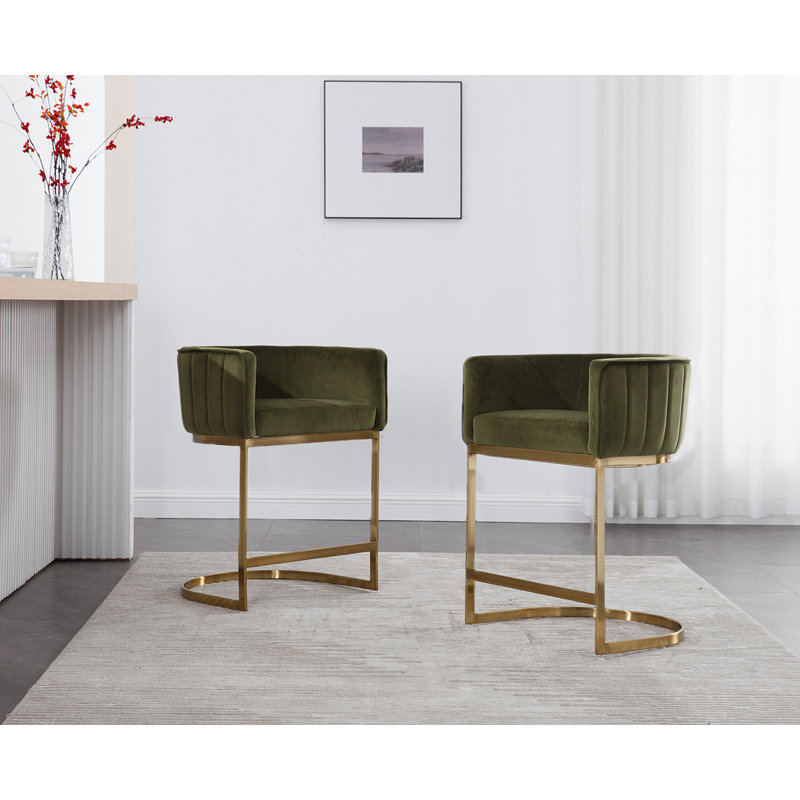 Tabouret de comptoir 24,5 po Naysharn, Velours vert, Doré, 2