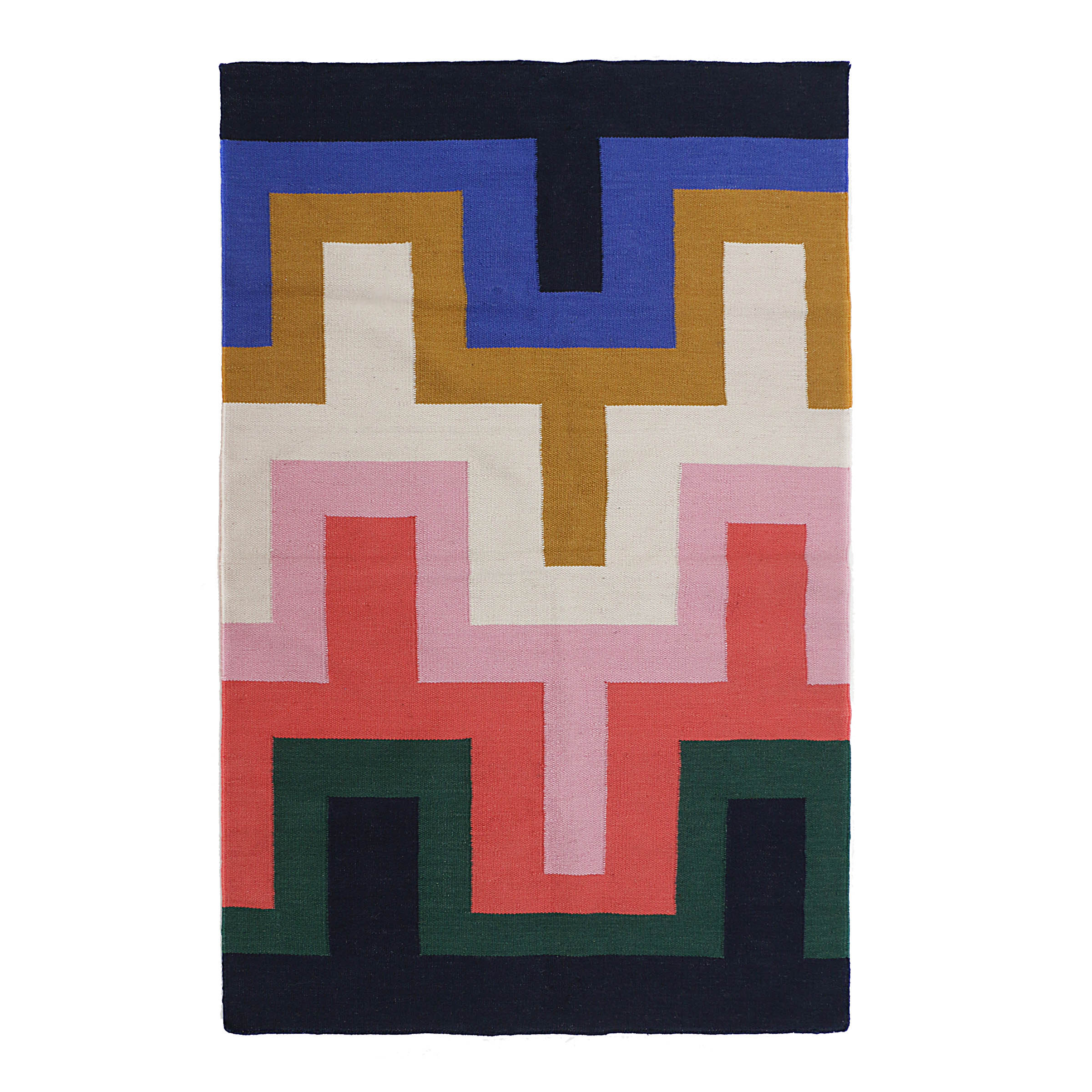 Handmade Tetris Player Wool Rug - Blue/Pink/Black/Green