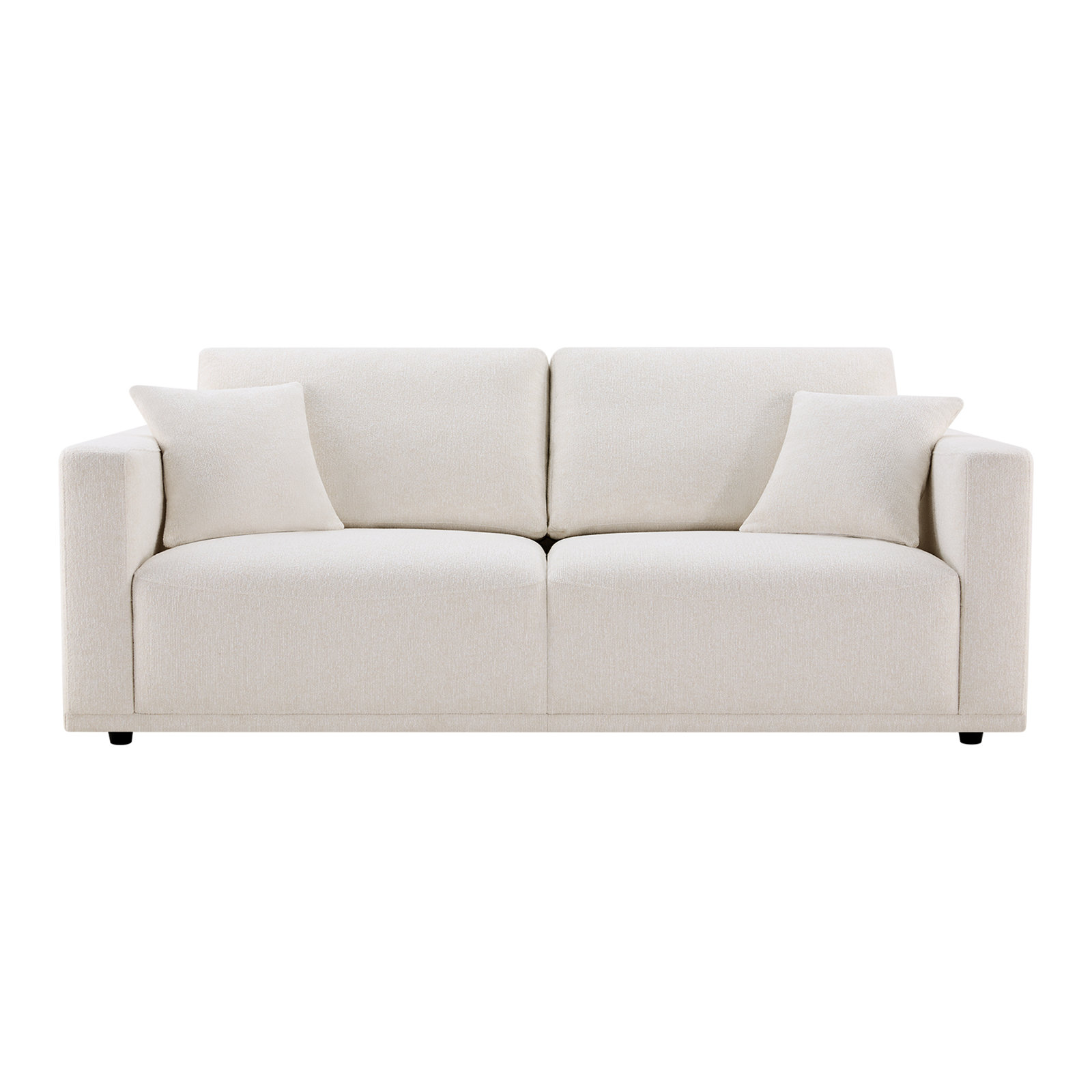 Light Beige Upholstered Sofa With 2 Throw Pillows