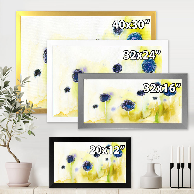 Fleurs bleues dans la prairie - Peinture sur toile, H 12 po x l 20 po x p 1 po, Cadre photo blanc