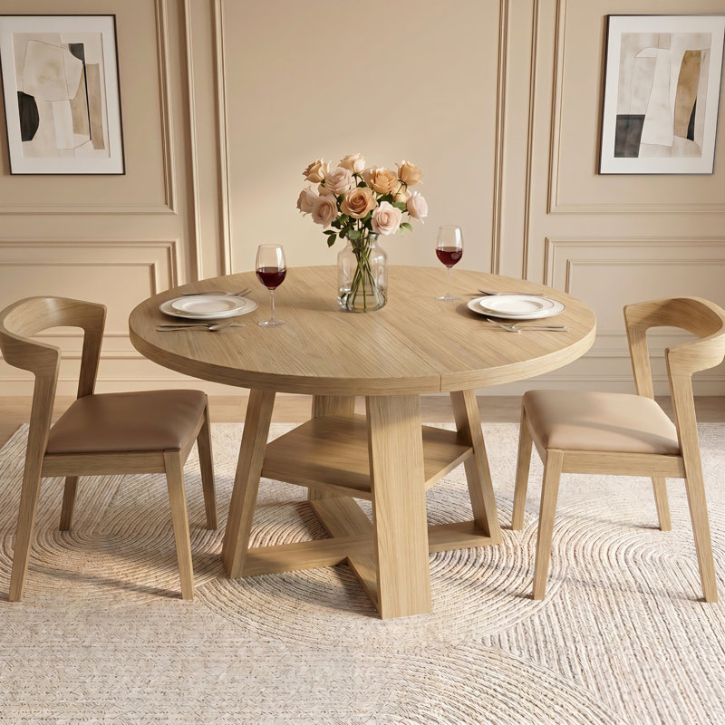 43 Inch Round Wood Dining Table for 4-6, Farmhouse Kitchen Table With Cross Pedestal & Storage Shelf for Kitchen and Dining Room- Natural
