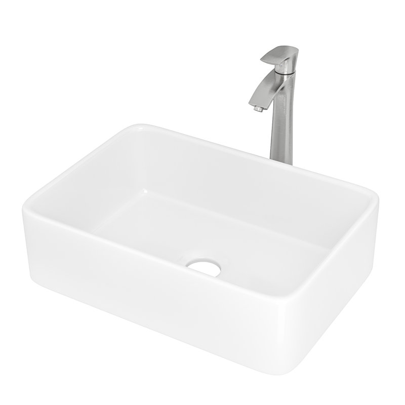 19"X15" White Ceramic Rectangular Vessel Bathroom Sink, Brushed Nickel