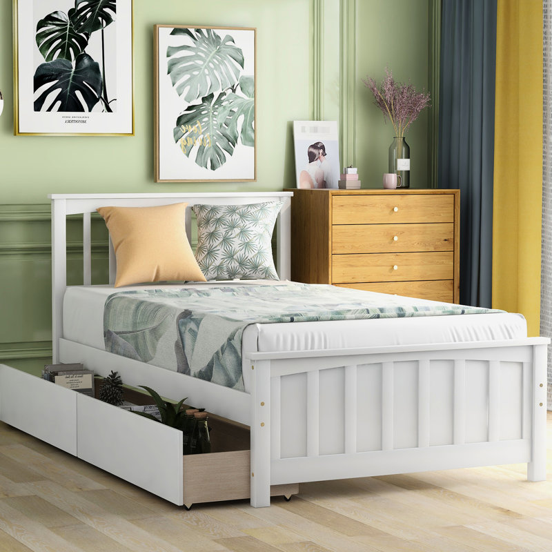 Lit plateforme élégant avec rangement pour tiroirs - Bois massif pour une chambre à coucher, Blanc