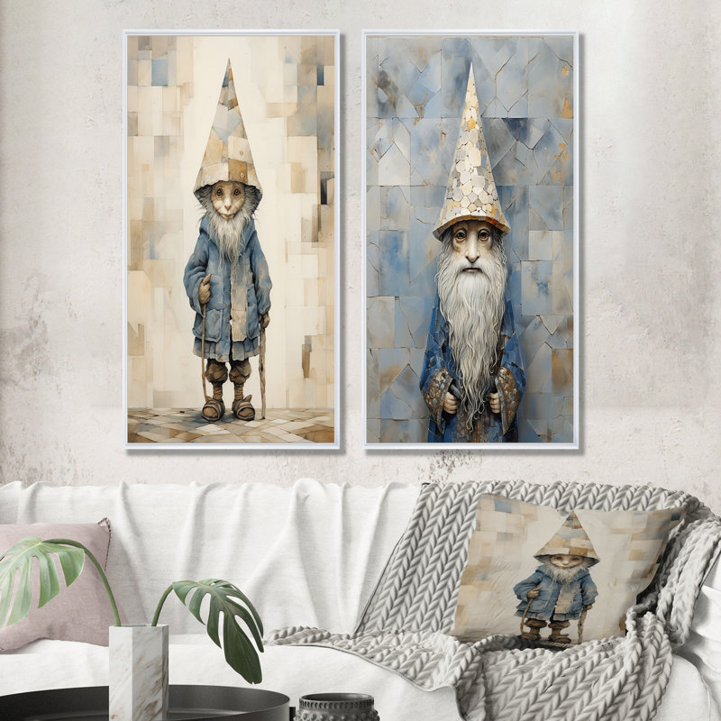 Fantaisie, portrait de gnome beige et bleu - ensemble de 2 impressions sur toile gnome, Cadre blanc, H 40 po x l 41 po