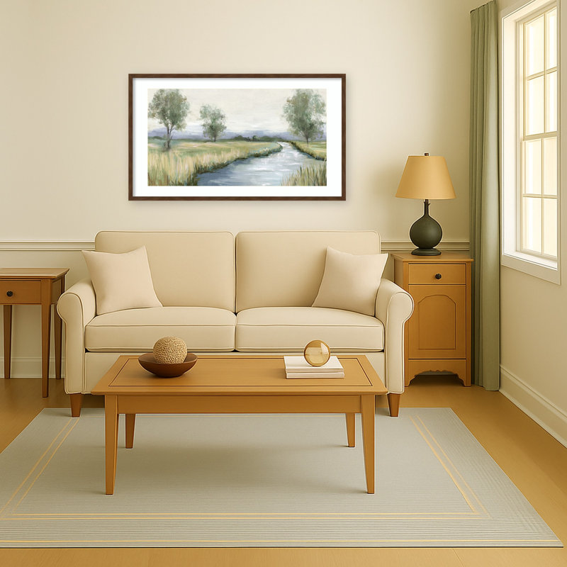 «Tranquil Stream in Lush Meadow» par Adelbert Wood, reproduction d'art encadrée, 41x24, Carlisle brun étroit