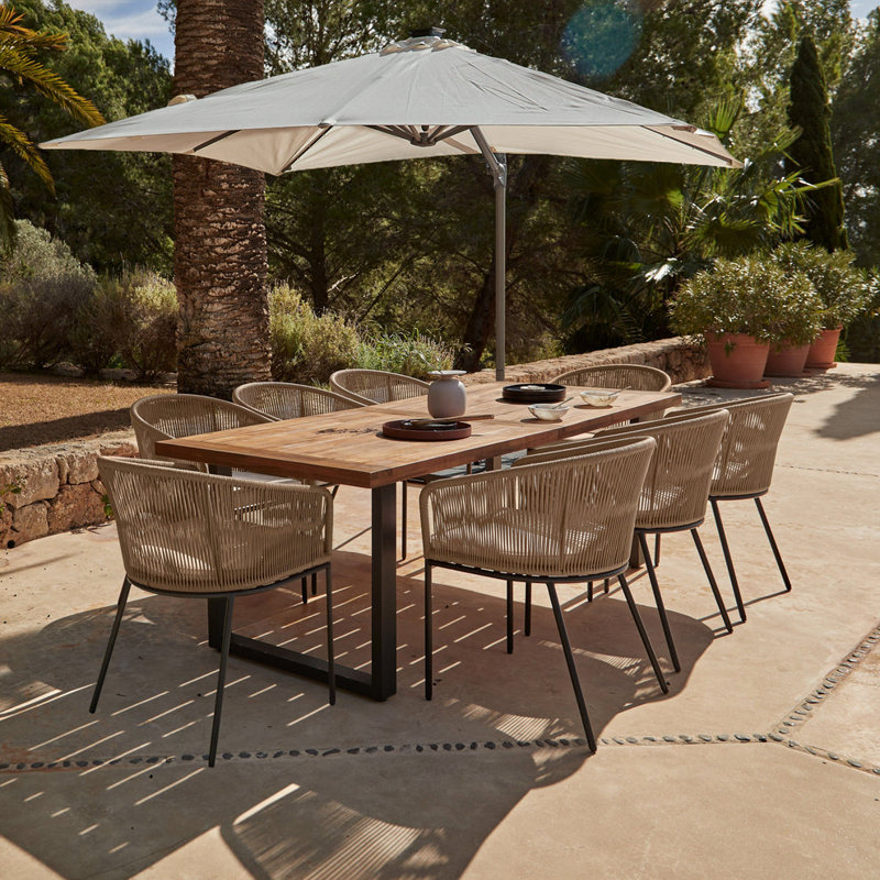 Fabiano Rectangular Long Dining Set with Cushions and Umbrella, 8, 75cm H x 235cm W x 90cm D, Natural with Cream Parasol