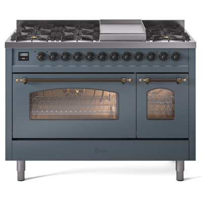 Cuisinière à double combustible de 48 po avec 8 brûleurs scellés et plaque chauffante (porte vitrée) ILVE Nostalgie II Series