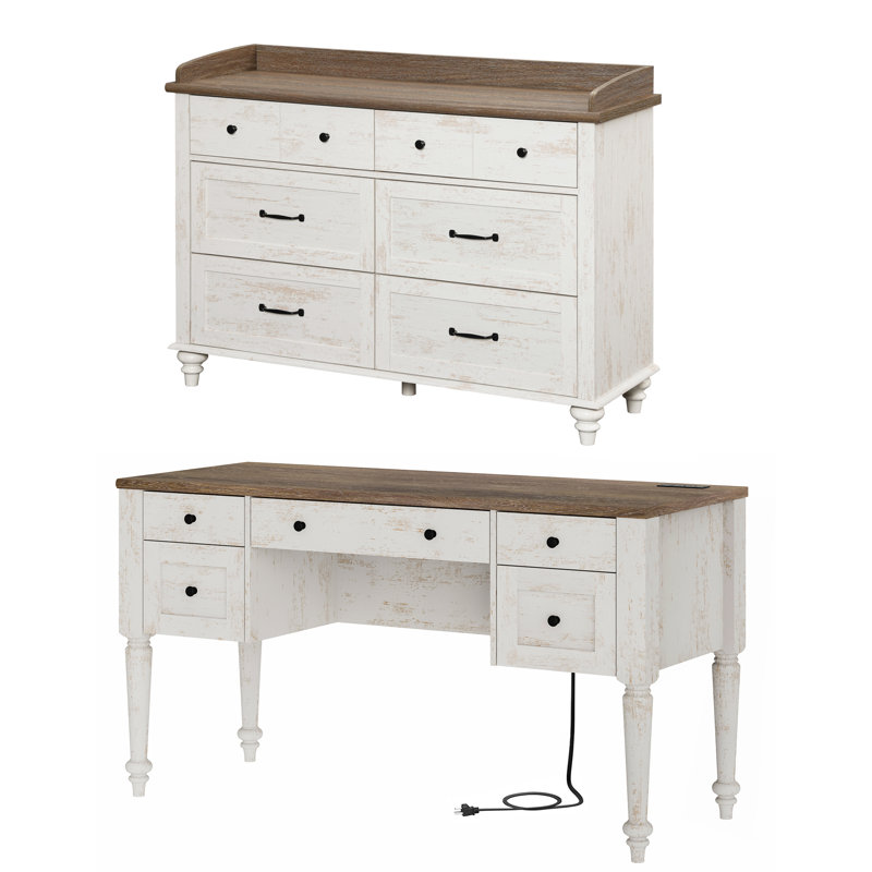 2 Piece Office Set, 56" Executive Writing Desk & 6 Drawer Dresser, Antique White