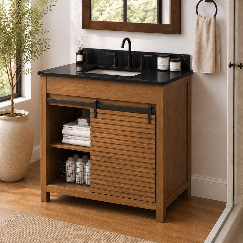 Meuble-lavabo autoportant à une cuve avec porte de grange coulissante et dessus en pierre frittée Kaeron, 36"