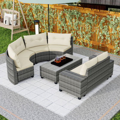 8Pcs Outdoor PE Wicker Sofa Sets with Curved Sectional, Cushions, Coffee Table and 2 Side Table