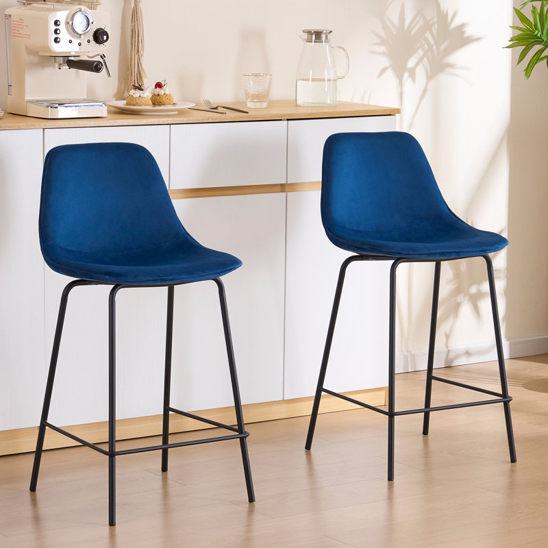 Hauteur de comptoir moderne Kavi avec coussin rembourré et pieds en métal, Velours bleu