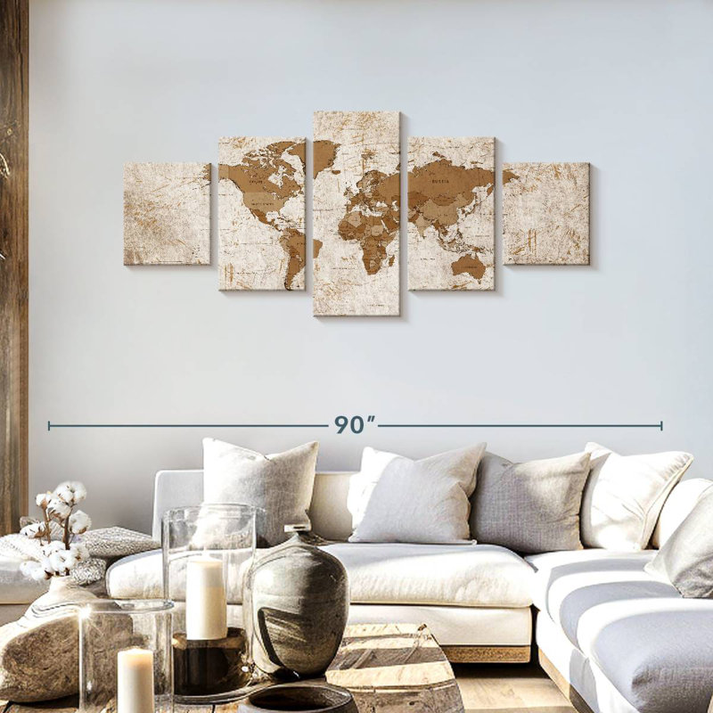 Carte du monde vieilli (xix), H 30 po x l 68 po