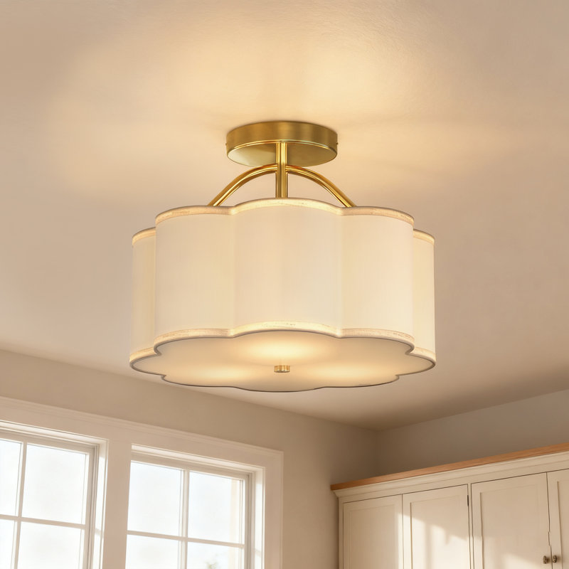 3-Light Floral Semi-Flush Ceiling Light In Copper With Linen Shade, White